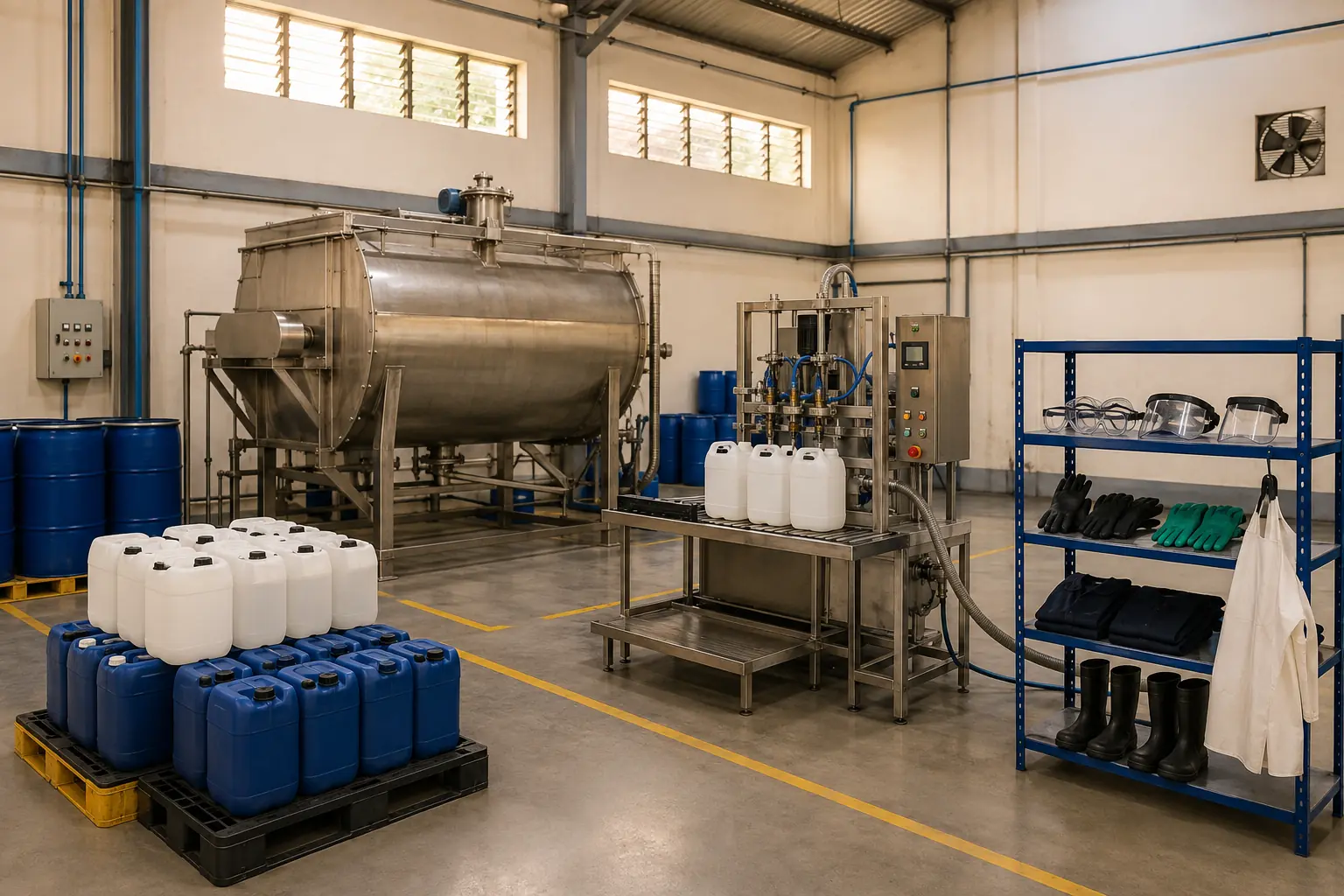 Illustrative concept of a clean chemical production floor with mixing and filling equipment