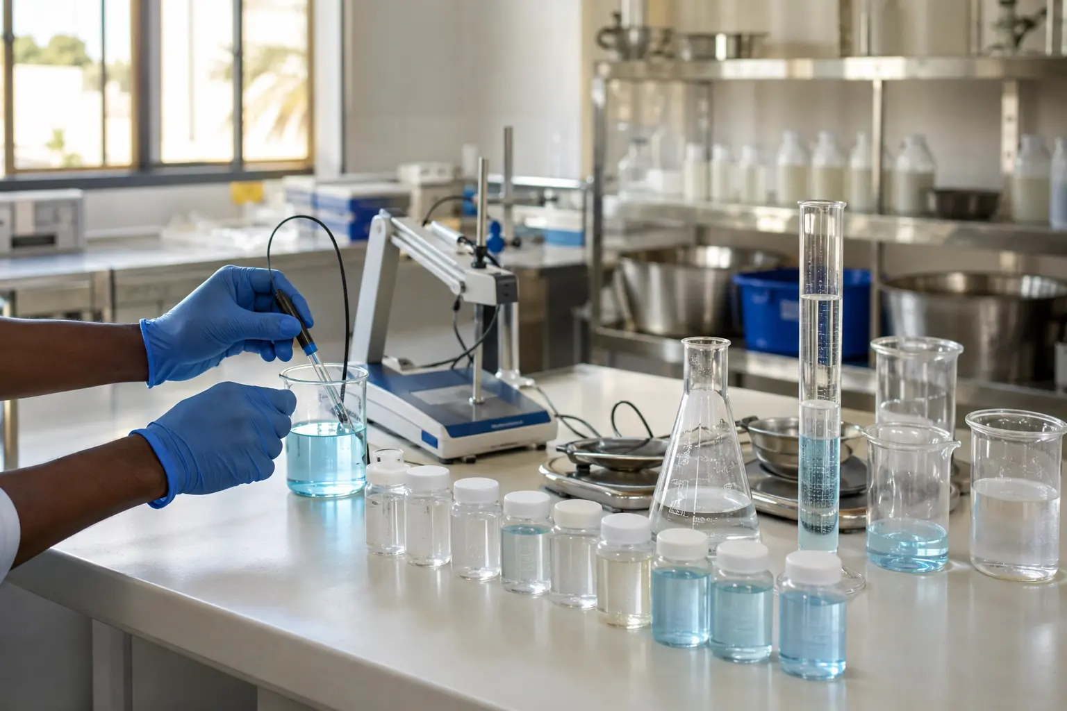 Illustrative quality-control laboratory with samples and measurement equipment