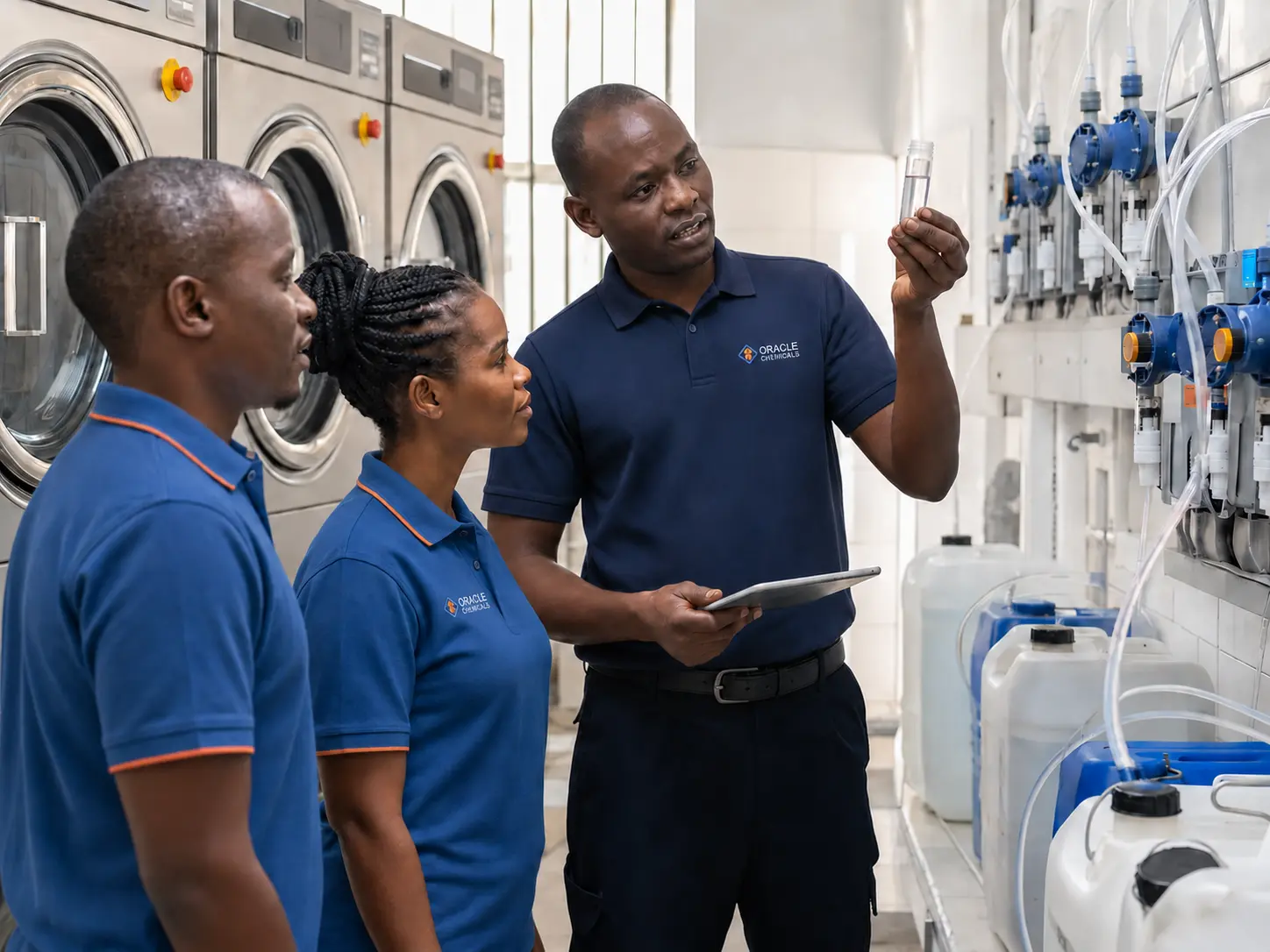 Oracle Chemicals employees in branded polo shirts conducting operational training