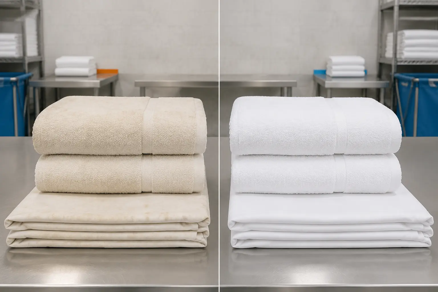 Illustrative side-by-side recreation of discoloured and restored white hotel linen