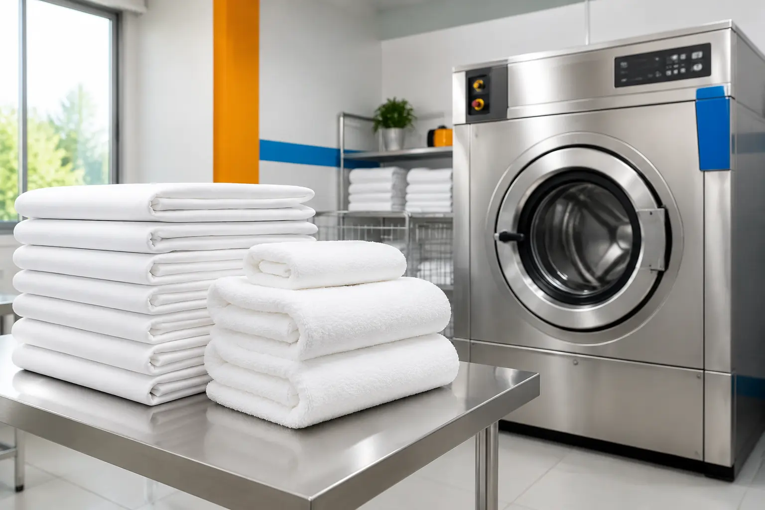 Brilliant white hotel linen beside a professional commercial laundry machine