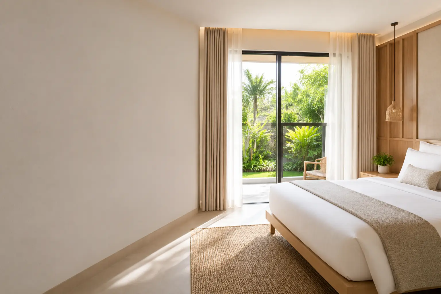 Warm immaculate guest room with crisp linen and a lush garden view